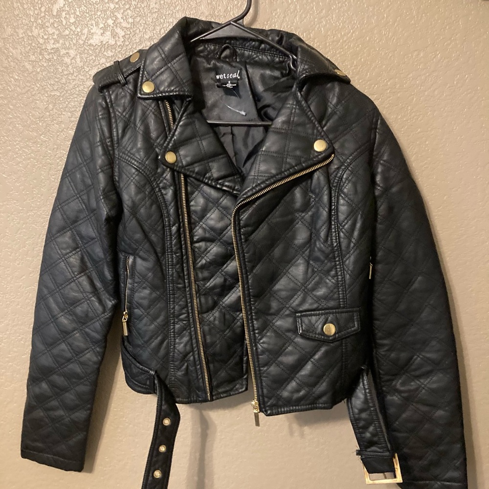Wet Seal Black Leather Jack with Gold Trim